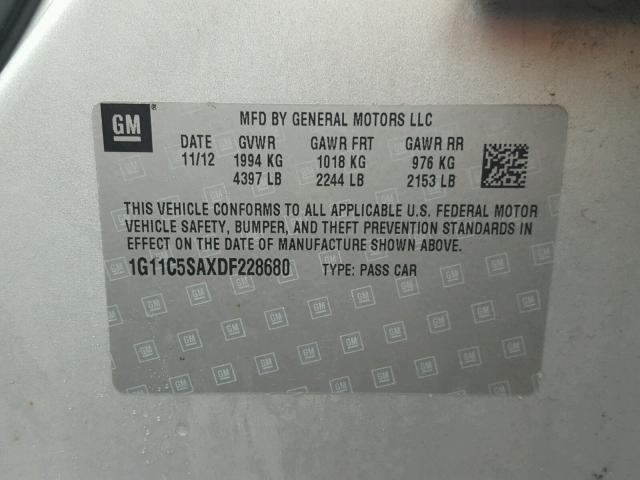 1G11C5SAXDF228680 - 2013 CHEVROLET MALIBU 1LT SILVER photo 10