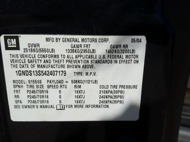 1GNDS13S542407179 - 2004 CHEVROLET TRAILBLAZE BLACK photo 10