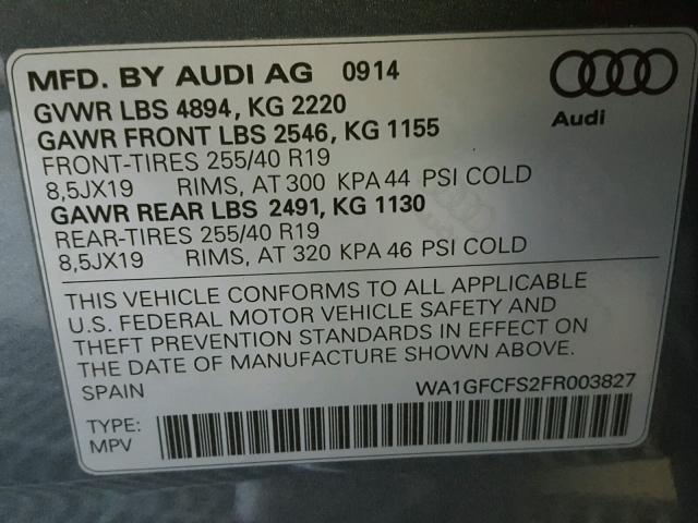 WA1GFCFS2FR003827 - 2015 AUDI Q3 PRESTIG GRAY photo 10