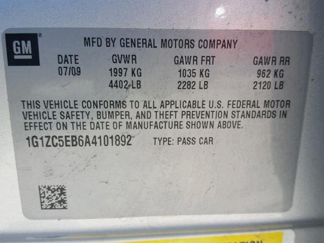 1G1ZC5EB6A4101892 - 2010 CHEVROLET MALIBU 1LT 银色 照片 10