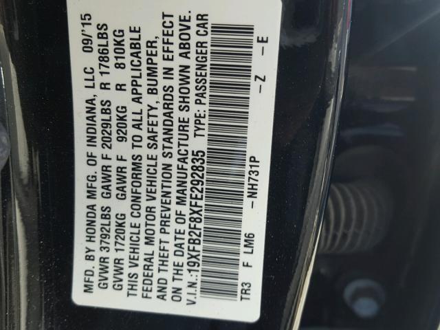 19XFB2F8XFE292835 - 2015 HONDA CIVIC EX შავი ფოტო 10