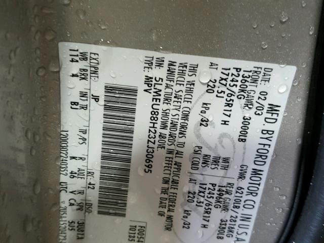 5LMEU88H23ZJ30695 - 2003 LINCOLN AVIATOR 银色 照片 10