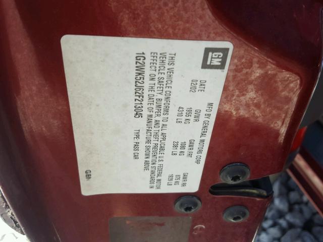 1G2WK52J62F213045 - 2002 PONTIAC GRAND PRIX BURGUNDY photo 10