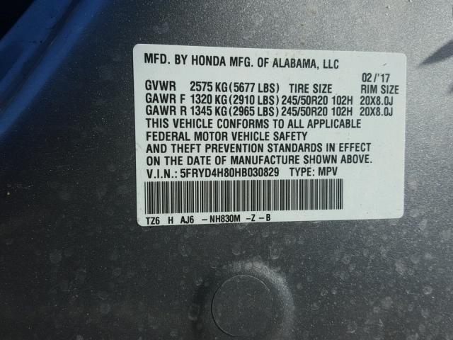 5FRYD4H80HB030829 - 2017 ACURA MDX ADVANC SILVER photo 10