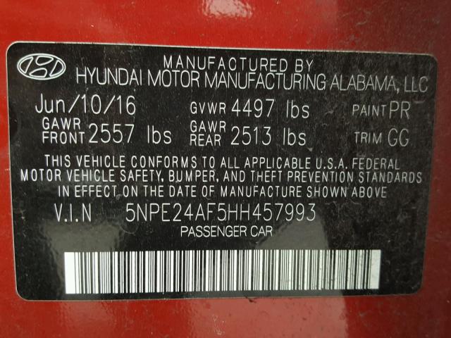 5NPE24AF5HH457993 - 2017 HYUNDAI SONATA SE RED photo 10