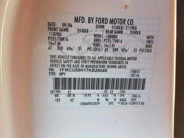 1FMCU59H17KB26045 - 2007 FORD ESCAPE HEV WHITE photo 10