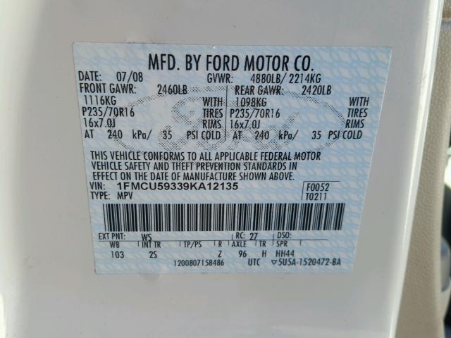 1FMCU59339KA12135 - 2009 FORD ESCAPE HYB WHITE photo 10