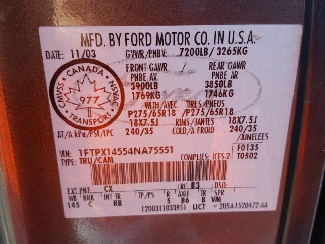 1FTPX14554NA75551 - 2004 FORD F150 GRAY photo 10