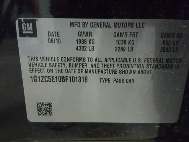 1G1ZC5E10BF101318 - 2011 CHEVROLET MALIBU 1LT BLACK photo 10