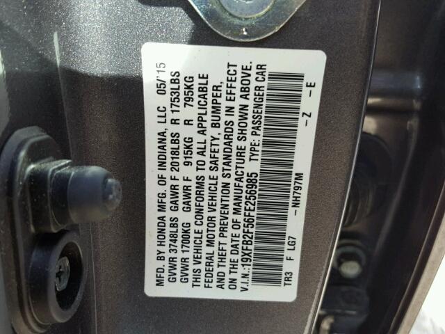 19XFB2F56FE256985 - 2015 HONDA CIVIC LX GRAY photo 10