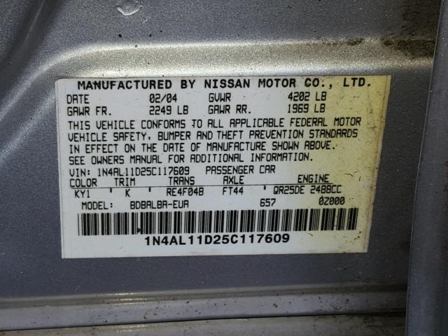 1N4AL11D25C117609 - 2005 NISSAN ALTIMA S SILVER photo 10