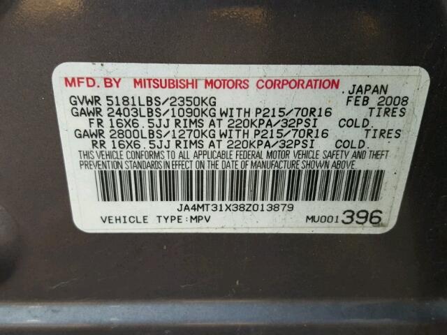 JA4MT31X38Z013879 - 2008 MITSUBISHI OUTLANDER GRAY photo 10