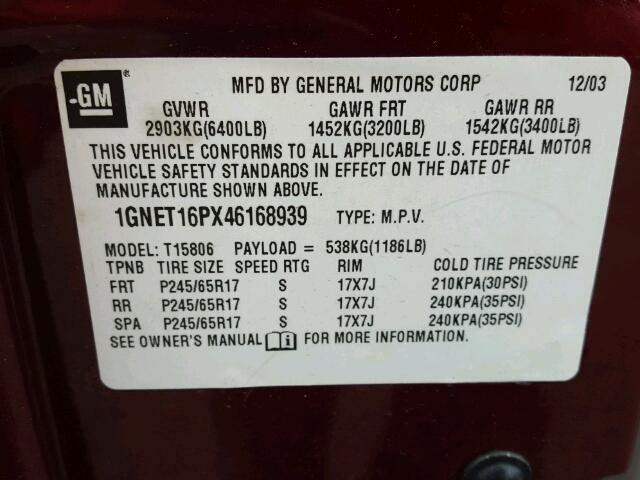 1GNET16PX46168939 - 2004 CHEVROLET TRAILBLAZE BURGUNDY photo 10