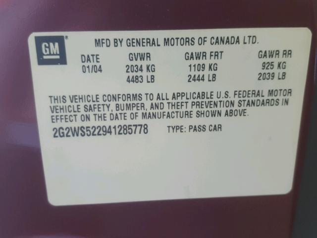 2G2WS522941285778 - 2004 PONTIAC GRAND PRIX BURGUNDY photo 10