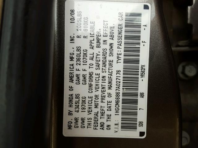 1HGCM66867A027176 - 2007 HONDA ACCORD EX TAN photo 10