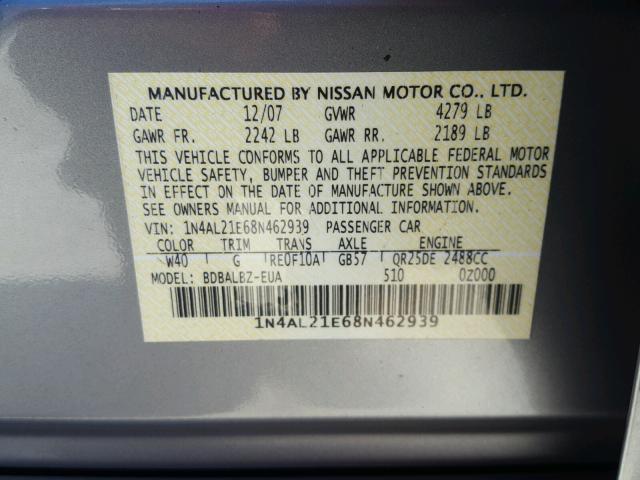 1N4AL21E68N462939 - 2008 NISSAN ALTIMA 2.5 GRAY photo 10