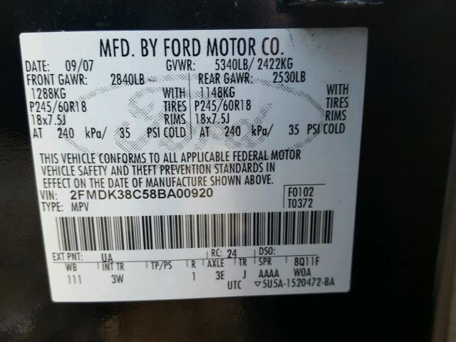 2FMDK38C58BA00920 - 2008 FORD EDGE SEL BLACK photo 10