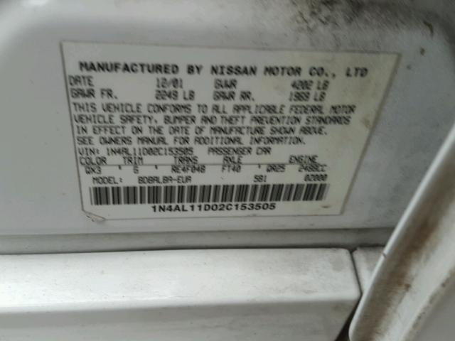 1N4AL11D02C153505 - 2002 NISSAN ALTIMA BAS WHITE photo 10