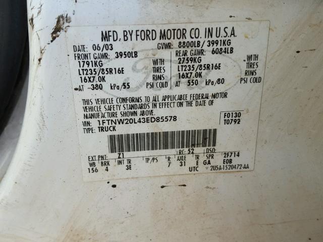 1FTNW20L43ED85578 - 2003 FORD F250 WHITE photo 10