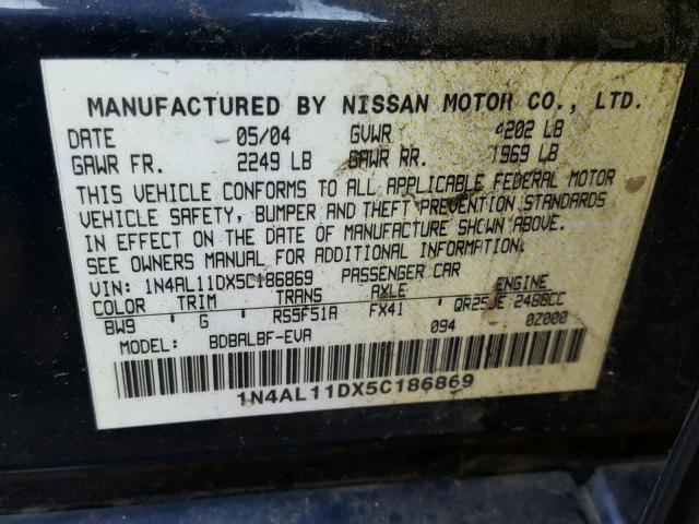 1N4AL11DX5C186869 - 2005 NISSAN ALTIMA S BLACK photo 10