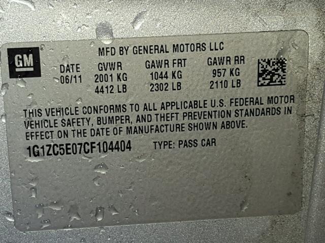 1G1ZC5E07CF104404 - 2012 CHEVROLET MALIBU 1LT SILVER photo 10