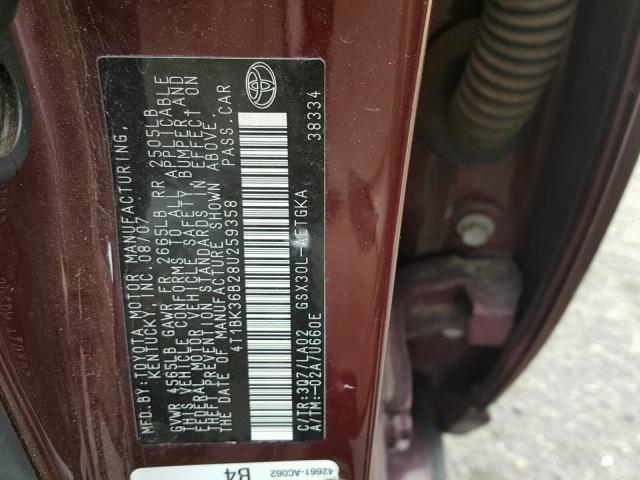 4T1BK36B28U259358 - 2008 TOYOTA AVALON MAROON photo 10