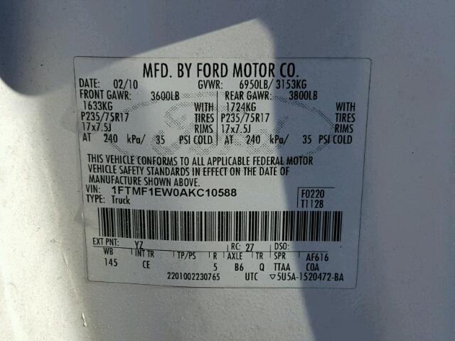 1FTMF1EW0AKC10588 - 2010 FORD F150 WHITE photo 10