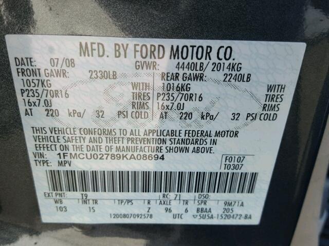 1FMCU02789KA08694 - 2009 FORD ESCAPE XLS GRAY photo 10