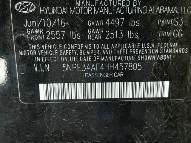 5NPE34AF4HH457805 - 2017 HYUNDAI SONATA SPO BLACK photo 10