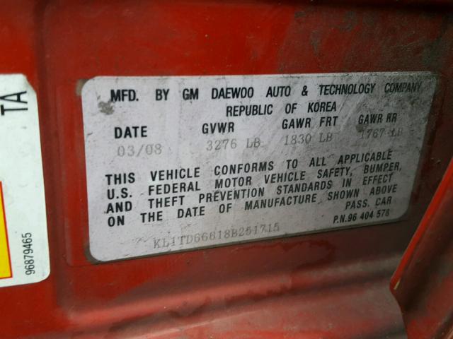 KL1TD66618B251715 - 2008 CHEVROLET AVEO BASE MAROON photo 10