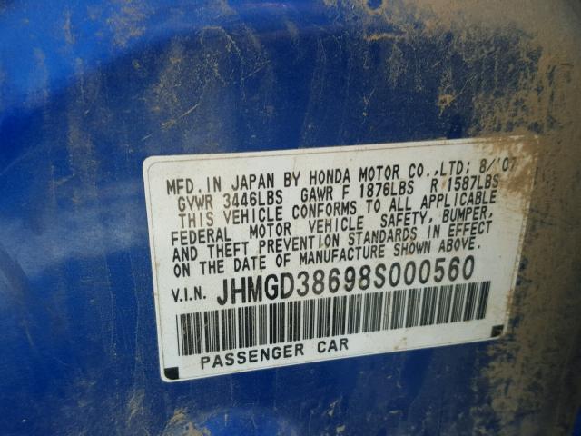 JHMGD38698S000560 - 2008 HONDA FIT Niebieski zdjęcie 9