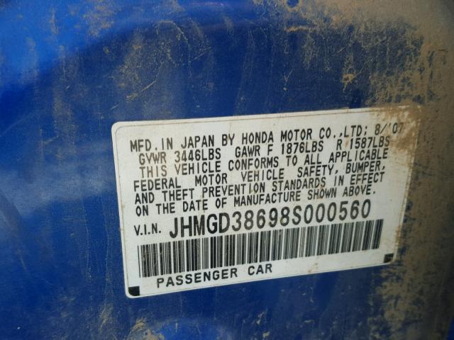 JHMGD38698S000560 - 2008 HONDA FIT BLUE photo 9