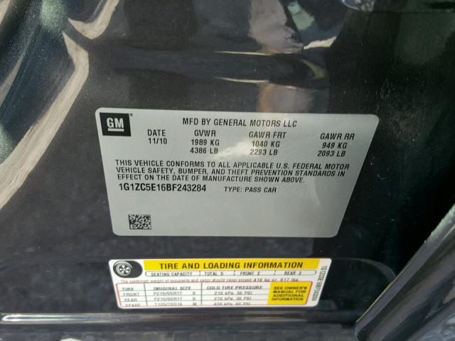 1G1ZC5E16BF243284 - 2011 CHEVROLET MALIBU 1LT ნაცრისფერი ფოტო 10