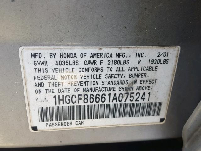 1HGCF86661A075241 - 2001 HONDA ACCORD VAL SILVER photo 10