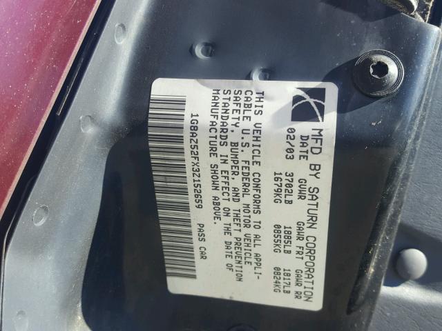 1G8AZ52FX3Z152659 - 2003 SATURN ION LEVEL RED photo 10