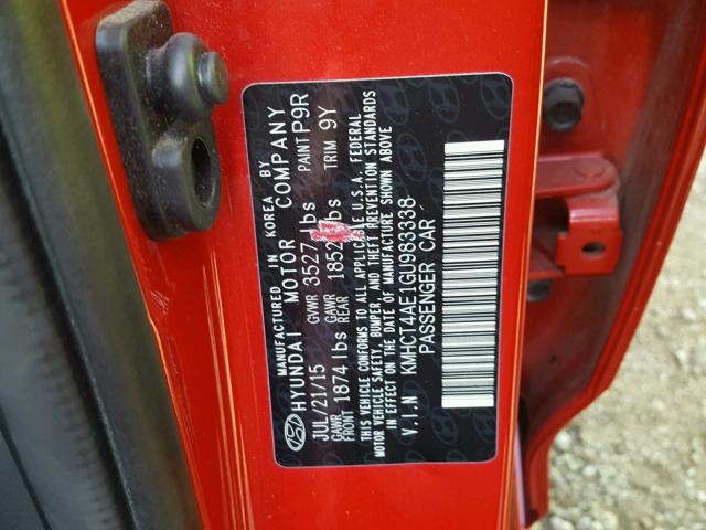 KMHCT4AE1GU983338 - 2016 HYUNDAI ACCENT SE RED photo 10