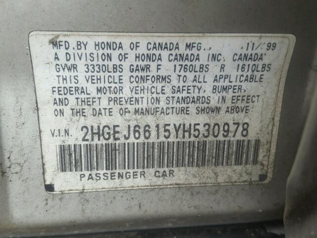 2HGEJ6615YH530978 - 2000 HONDA CIVIC BASE SILVER photo 10