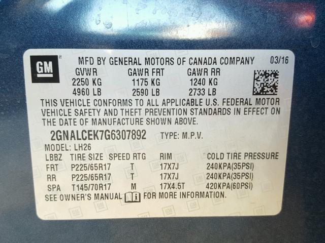 2GNALCEK7G6307892 - 2016 CHEVROLET EQUINOX LT BLUE photo 10