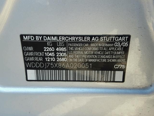 WDDDJ75X86A020051 - 2006 MERCEDES-BENZ CLS GRAY photo 10