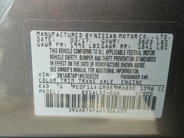 3N1AB7AP1HY306339 - 2017 NISSAN SENTRA S GRAY photo 10