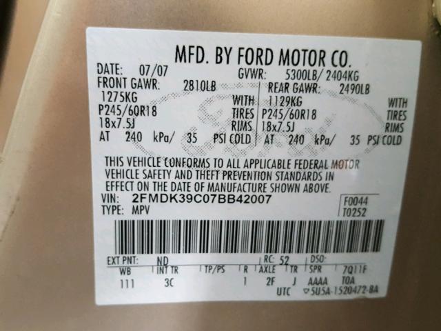 2FMDK39C07BB42007 - 2007 FORD EDGE SEL P TAN photo 10