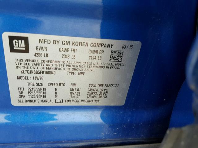 KL7CJNSB5FB168040 - 2015 CHEVROLET TRAX LTZ BLUE photo 10