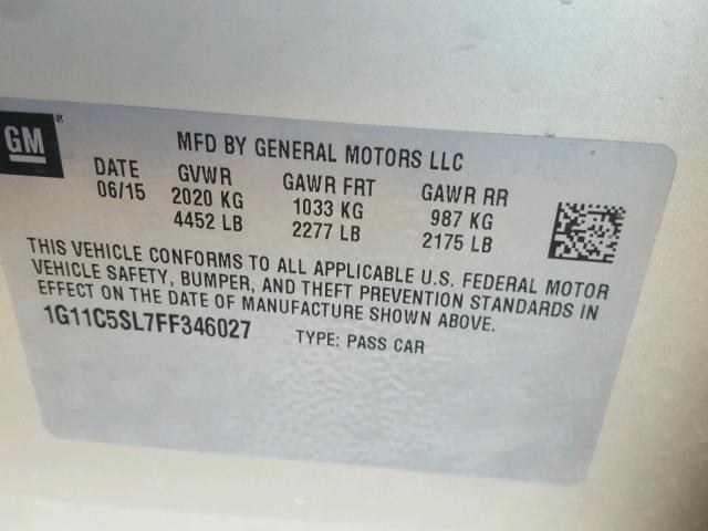 1G11C5SL7FF346027 - 2015 CHEVROLET MALIBU 1LT 银色 照片 10