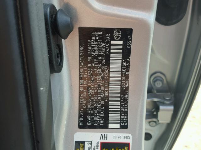 4T1BK1EB2HU253677 - 2017 TOYOTA AVALON XLE SILVER photo 10