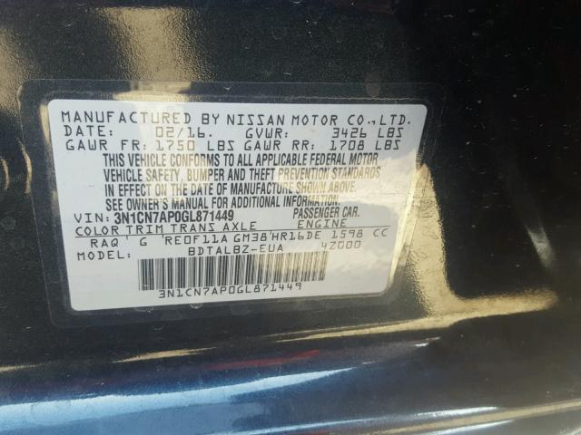 3N1CN7AP0GL871449 - 2016 NISSAN VERSA S BLUE photo 10