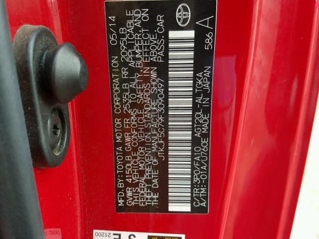 JTKJF5C79F3090497 - 2015 TOYOTA SCION TC 红色 照片 10