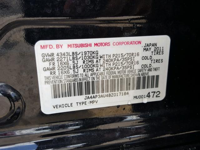 JA4AP3AU4BZ017184 - 2011 MITSUBISHI OUTLANDER BLACK photo 10