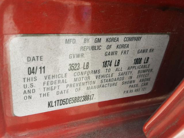 KL1TD5DE5BB238817 - 2011 CHEVROLET AVEO LS RED photo 10