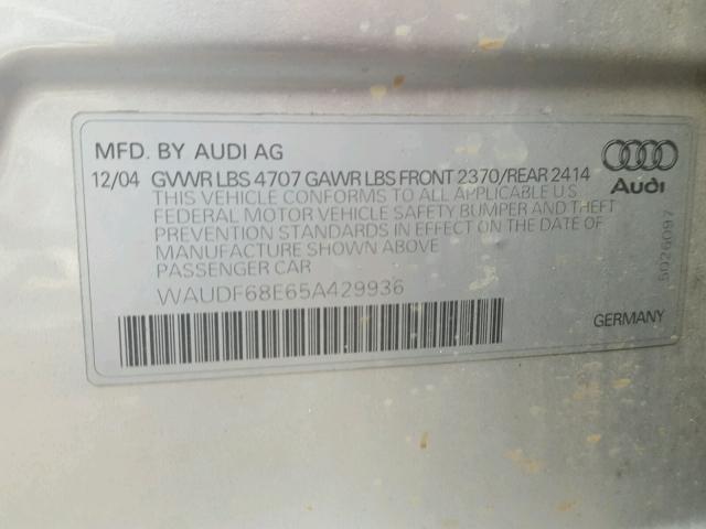 WAUDF68E65A429936 - 2005 AUDI A4 2.0T QU SILVER photo 10