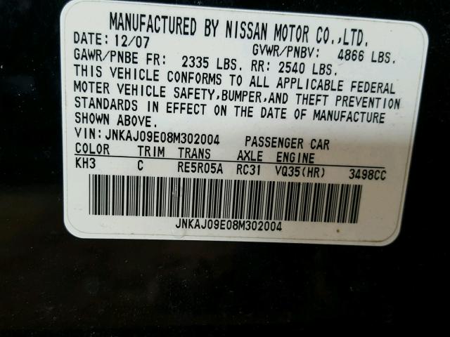 JNKAJ09E08M302004 - 2008 INFINITI EX35 BLACK photo 10